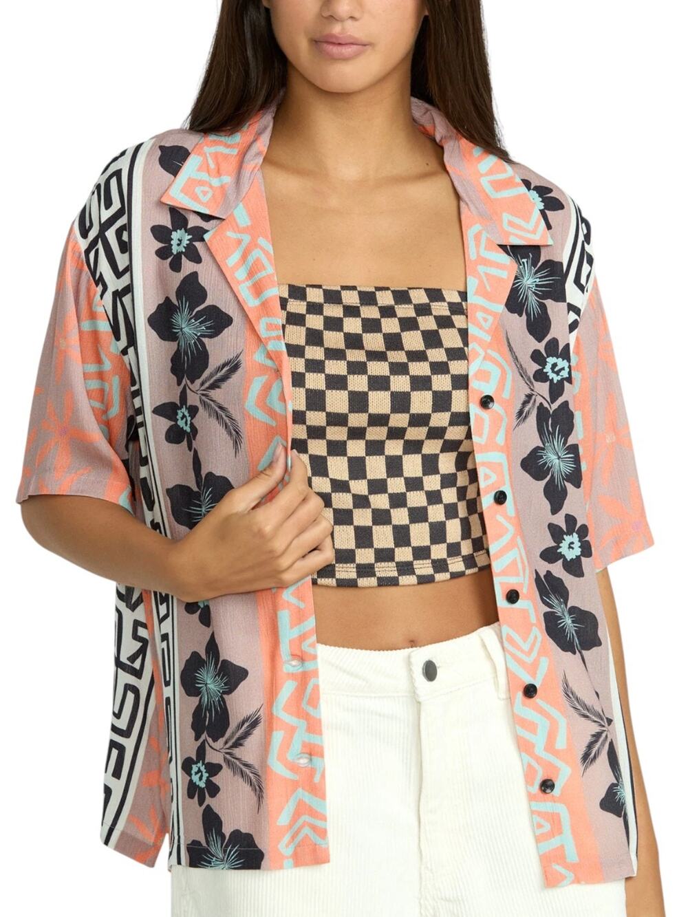 Volcom Funtastical Button Front Light Boxy Tropical Summer Blouse Top Shirt S